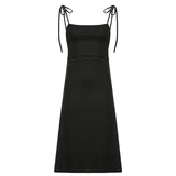 Zingj New Black Slip Dress Women's Side Waist Small Draw Pleated Waist Show Thin