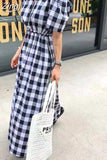 Fashion Women Puff Sleeve Zipper Ruffes Black White Plaid Dress Woman Casual Print Dress Pullover Ladies Long