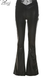 Y2K Black Faux PU Flare Pants for Women Fashion High Waist Drawstring Slim Leather Pants Trousers Autumn New