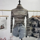 Shooting Wave Side Half-High Collar Net Yarn Dyed Long Sleeve Thin Inside The Bottom Shirt Autumn And Winter Folded T-Shirt