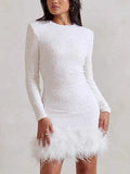 Women's Dress Sexy Dress Long Sleeve Solid Color Sequin Feather Dress Round Collar Woman