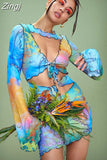 Butterfly Tie Dyeing Print Sexy Women Dress Clubwear 2023 Long Flare Sleeve Hollow Out Lace-up V-neck Pencil