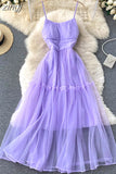 Women Sexy Mesh Spaghetti Strap Long Dress Summer Orange/Purple/Blue/Pink Ruffle A-Line Beach Robe Female Elegant Party