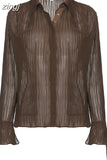 White Folds Cute Y2K Shirts Women Elegant Fashion Flared Sleeve Button Tops See Through Sexy Mesh Girl Tees Korean