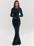 Blue Bodycon Long Sleeve Backless Maxi Dress- Outfit
