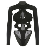 Criss-cross Hollow Out Bodysuits Tops Women Summer Autumn Party Clubwear 2023 Long Sleeve Backless Tie Up