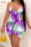 Women Mini Dress Tie Dye Print Sleeveless Strap V-neck Shirring Bodycon Dresses Sexy Night Club Party Vestidos