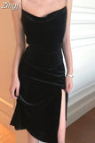 2023 Vintage Women Dress Spaghetti Strap Slit Velvet Black Dress Sexy Bodycon Bandage Dress Midi Party Dress Verano