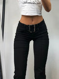 Harajuku Y2K Black Belt Skinny Flare Pants Female Casual Chic Elegant Low Waist Trousers 90s Aesthetic Capris