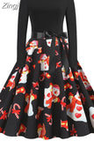 Dress Women Autumn Winter Long Sleeve High Waist Printed Vintage Party Sundress Elegant Xmas