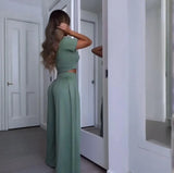 Summer Women's Round Neck Solid Color Sexy Wide Leg Pants Fashion Casual Suit