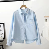 Fruit Green Back Open Fork Short Cotton Shirt Women 2025 New Korean Version Of Single Pocket Shirt