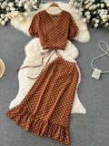 Women Polka Dot Chiffon Two Piece Set Vintage V-Neck Bandage Short Tops + High Waist Mermaid Skirt 2Pcs Suits New