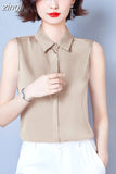 Summer Satin Blouse for Women Polo-Neck Sleeveless Vest Chiffon Shirts OL Womens Tops and Blouses Solid Fashion Ladies