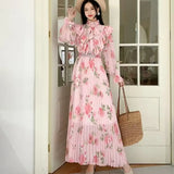 2025 New Long-Sleeved Heavyweight Bow Long Print Chiffon Sweet Dress Seaside