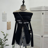 Picts Single-Layer Mesh Yarn Micro-Sleeved T-Shirt Word Shoulder-Pollid Letter Open Fork Top