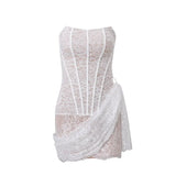 Zingj 2023 New Women's Sexy Lace Mesh A Word Shoulder Wipe Breast Micro Transparent Slim Dress