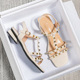 Summer New Fashion Super Heel Rivet Word Low-Heeled Sandals Women's Large Size Shoes
