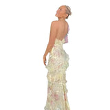 Women's New Slingless Sleeveless Dress V-Necked Lotus Side-Louned Long