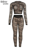 See Through Hollow Tracksuit Two Piece Set Women Full Sleeve O-Neck Tops Skinny Stretch Leegings Lady Party