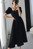 Summer Women Fashion Elegant Casual Solid Puff Sleeve Midi Dresses Evening Office Lady Female A Line Clothes Vestdios