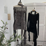 Dark Waste Soil Wind Makes The Old Hole Hanging Shoulder Hanging With Long Sleeves Irregularly Open Fork T-Shirt Skirt