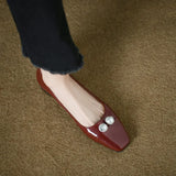 Pearl Flats For Women's Spring / Summer 2025 Soft Leather Patchwork Color With Skirt Square Head Light Mouth Single Shoes Red Single