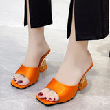 Zingj High Heel Slippers Female Summer Square Head Solid Color A Word Wear Fashion Versatile Ladies Large Size