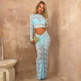 Zingj Women's Wear 2024 See-Through Round Collar, High Waist, Long Sleeve, Fanny Pack Hip Skirt, Two-Set Lace