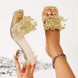 Drill Square Head With High-Heel Slippers Women's New Pearl Transparent With Fashion Cool