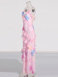 Elegant Tea Break Dress Autumn And Winter 2025 New Slings Print Back Repair Lotus Leaf-Side Dress Female