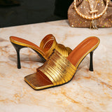Women's High-Heeled Sandals Fashion Square Head Gold High Heel Women's Shoes Fine High Heel Sandals One Foot Pedal Simple Go Out Women's