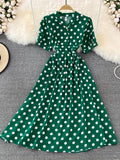 Women Polka Dot Midi Dress Vintage V-Neck Single Breasted Short Sleeve A-Line Vestidos Female Elegant New Fashion