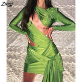 Sexy Hollow Out Ruched Women Dress Green Long Sleeve Round Neck Bandage Dress Femme Autumn Skinny Elegant Party