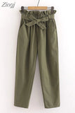 Spring Summer Bow Belt Solid Elastic High Waist Casual Harem Pants Korean Sweet Girls Ankle-Length Cotton Long