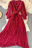 Embroidered Pleated Long Dress Vintage V-Neck Lantern Sleeve High Waist Draped Maxi Vestidos Female 2023