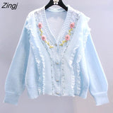 Floral Embroidery Knittsd Cardigan Women Autumn Sweet Fashion Sweater Coat Korean Preppy Style Lolita Lace Sweater