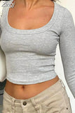 Women Slim Casual Ribbed Short T-Shirts Fall Spring Long Sleeve Round Neck Pullovers Crop Tops Base Tees Shirts