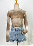 Zingj Layer Opaque Ice Screen Gauze Short Jacket Female Ink Dizzy Dye Bottom Shirt Spring And Summer Slim Suntan T-Shirt