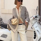 Pop Fashion Lady Bump Color Round Collar Single Row Buckle Long-Sleeved Striped Loose Casual Shirt