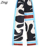 Women Vintage Geometric Patchwork Graffiti Print Wide Leg Pants Female Chic Zipper Long Trousers Pantalones Mujer