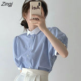 Vintage Striped Shirts Women New Summer Puff Sleeve Preppy Style Simple Loose Streetwear BF Temperament Mujer Tops