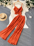 Women Pleated Two Piece Set Sexy Female Criss Cross Twist Strap Tops + High Waist Draped Pants Beach Suits Vacation