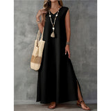 Summer Dress Women's Sleeveless V-Neck Side Opening Dress Elegant Long