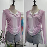 Fake Two Sunscreen Long-Sleeved T-Shirt Women Autumn Design Dizzling Drawstring Folding Short Top