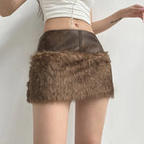 Brown Low-Waisted Umbilled Zip Hair Short Skirt Autumn And Winter New Babes Leather Splicing Bag Hip