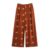 New Women's Sun-Print Linen-Blend Vest Blouse Wide-Legged Trousers