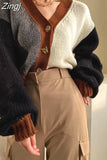 Autumn Cropped Cardigan Sweater Knitted Women Patchwork Woman Cardigans Casual Kardigan Sweaters Ladies Cardigan