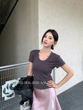 Xixi 13 Lines 2025 Autumn White Standard Temperament Collar Bottom Knitted Short-Sleeved T-Shirt