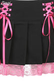 Harajuku Gothic Dark Academia Lace Trim Pleated Skirt Vintage Tie Up High Waist Skirt Mini Woman Goth Skirts